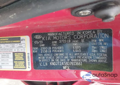 2013 Kia Soul из США, поврежденный, VIN KNDJT2A58D7613661